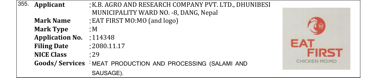 Original bulletin entry for EAT FIRST MO:MO (and logo)