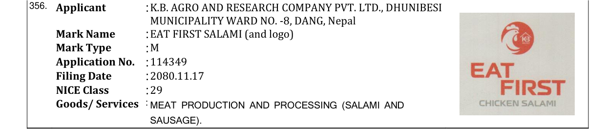 Original bulletin entry for EAT FIRST SALAMI (and logo)