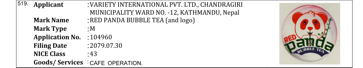 Original bulletin entry for RED PANDA BUBBLE TEA (and logo)