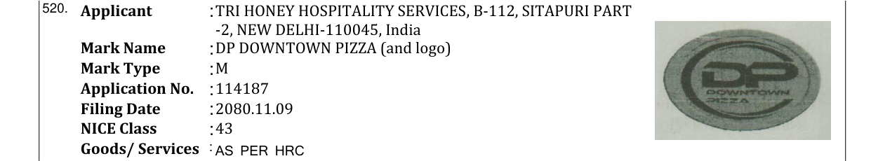 Original bulletin entry for DP DOWNTOWN PIZZA (and logo)