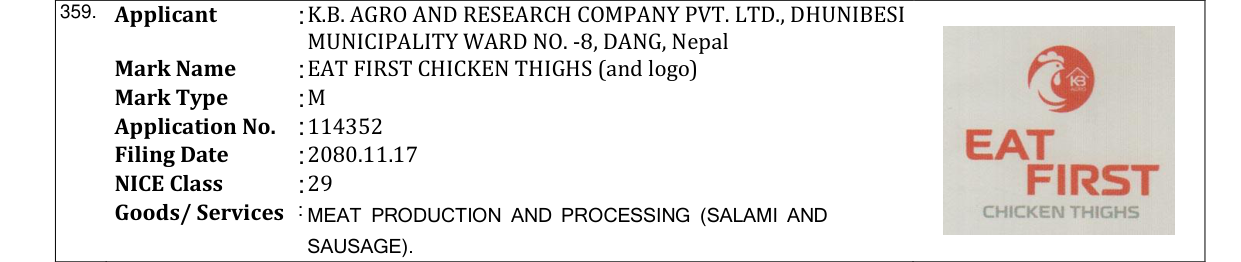 Original bulletin entry for EAT FIRST CHICKEN THIGHS (and logo)