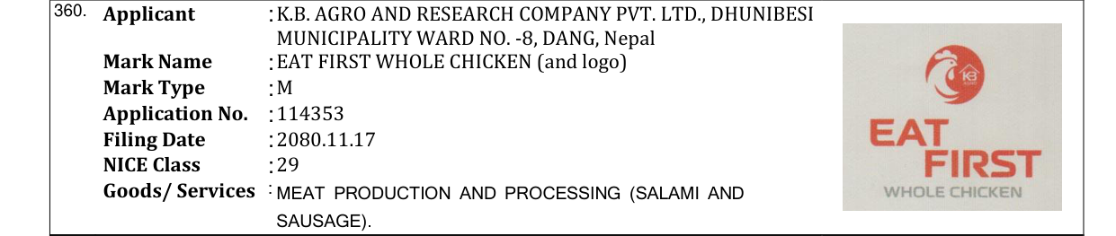 Original bulletin entry for EAT FIRST WHOLE CHICKEN (and logo)