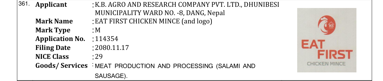 Original bulletin entry for EAT FIRST CHICKEN MINCE (and logo)