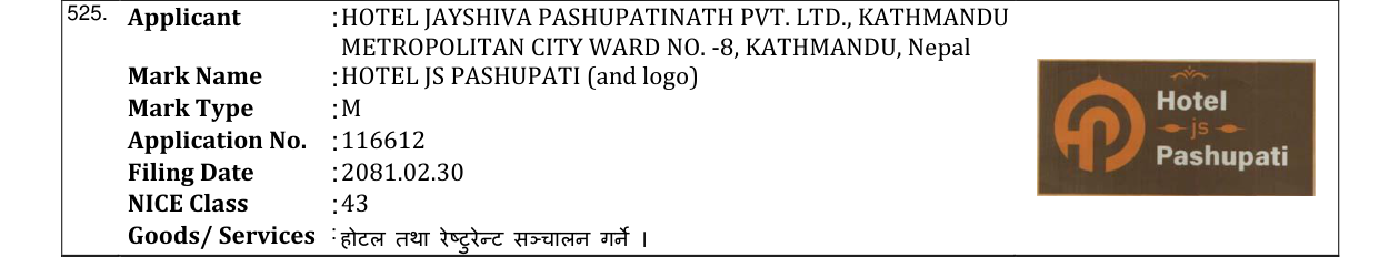 Original bulletin entry for HOTEL JS PASHUPATI (and logo)