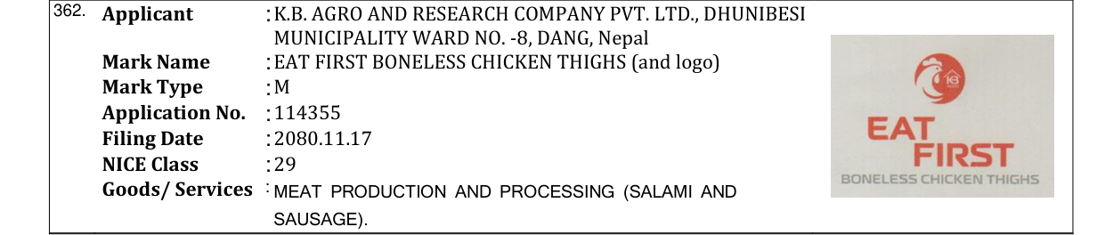 Original bulletin entry for EAT FIRST BONELESS CHICKEN THIGHS (and logo)