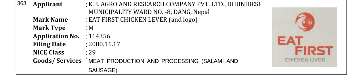 Original bulletin entry for EAT FIRST CHICKEN LEVER (and logo)