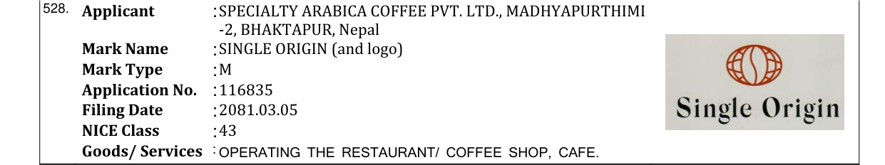 Original bulletin entry for SINGLE ORIGIN (and logo)
