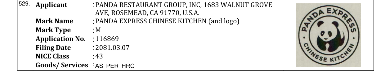 Original bulletin entry for PANDA EXPRESS CHINESE KITCHEN (and logo)