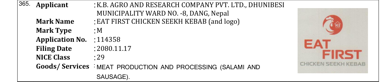 Original bulletin entry for EAT FIRST CHICKEN SEEKH KEBAB (and logo)