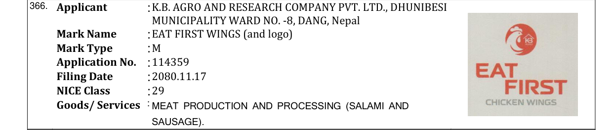 Original bulletin entry for EAT FIRST WINGS (and logo)
