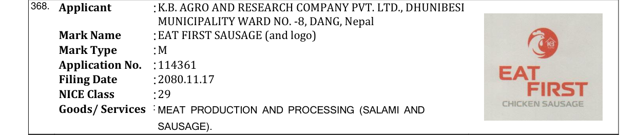 Original bulletin entry for EAT FIRST SAUSAGE (and logo)