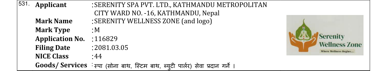 Original bulletin entry for SERENITY WELLNESS ZONE (and logo)