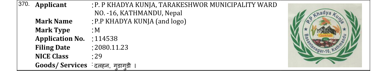 Original bulletin entry for P.P KHADYA KUNJA (and logo)