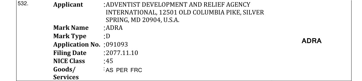 Original bulletin entry for ADRA