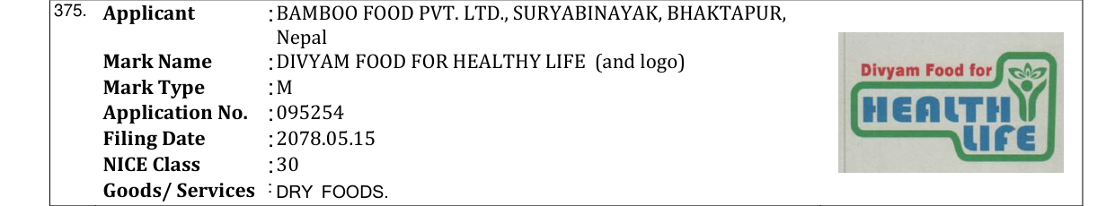 Original bulletin entry for DIVYAM FOOD FOR HEALTHY LIFE (and logo)