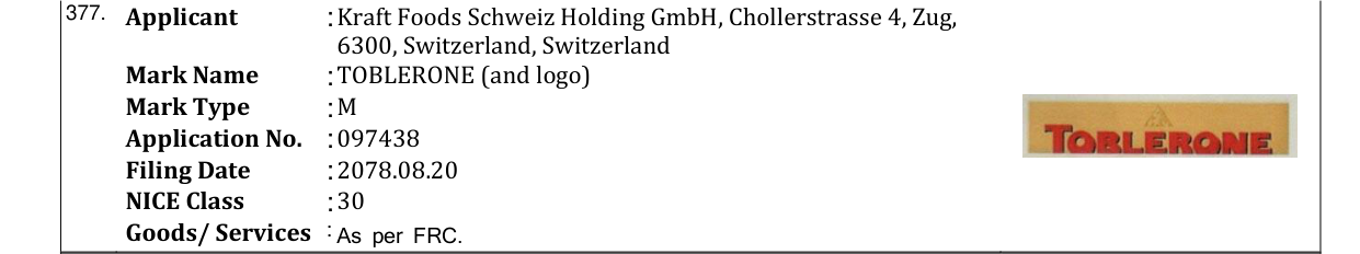 Original bulletin entry for TOBLERONE (and logo)
