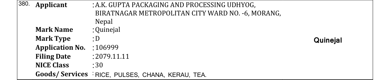 Original bulletin entry for Quinejal