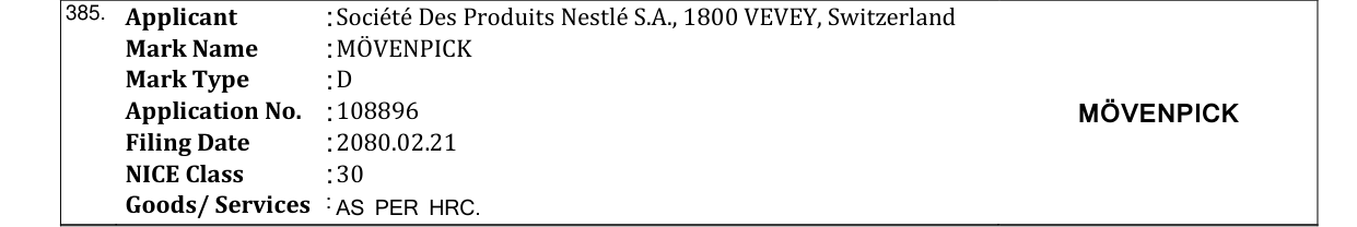 Original bulletin entry for MÖVENPICK
