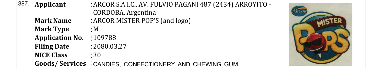 Original bulletin entry for ARCOR MISTER POP'S (and logo)