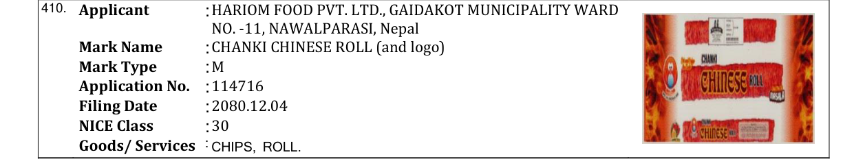 Original bulletin entry for CHANKI CHINESE ROLL (and logo)
