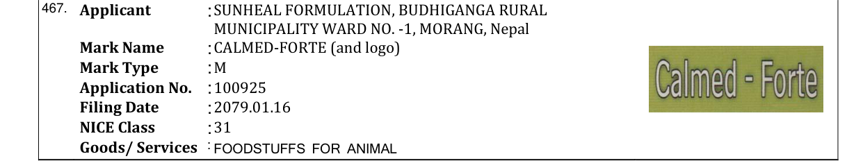 Original bulletin entry for CALMED-FORTE (and logo)