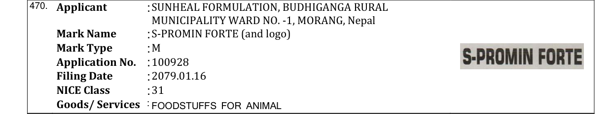 Original bulletin entry for S-PROMIN FORTE (and logo)
