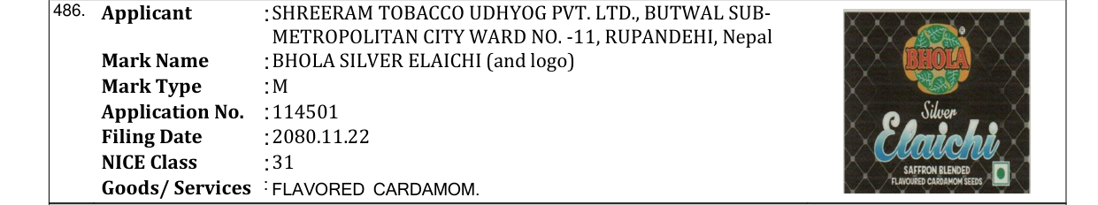 Original bulletin entry for BHOLA SILVER ELAICHI (and logo)