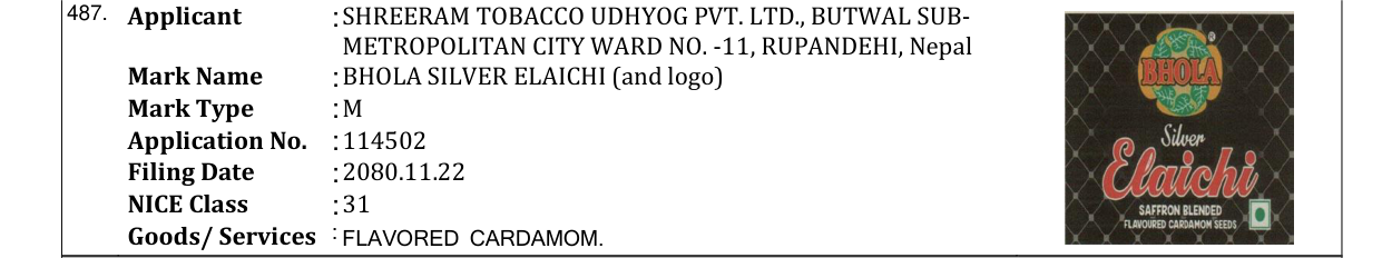 Original bulletin entry for BHOLA SILVER ELAICHI (and logo)