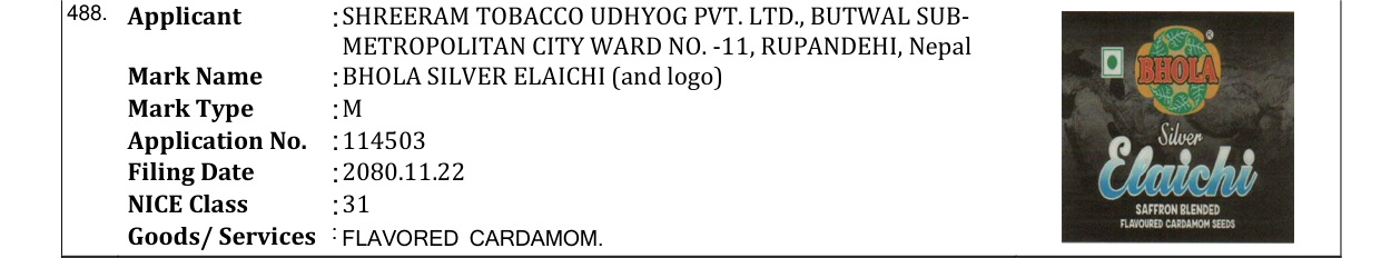 Original bulletin entry for BHOLA SILVER ELAICHI (and logo)