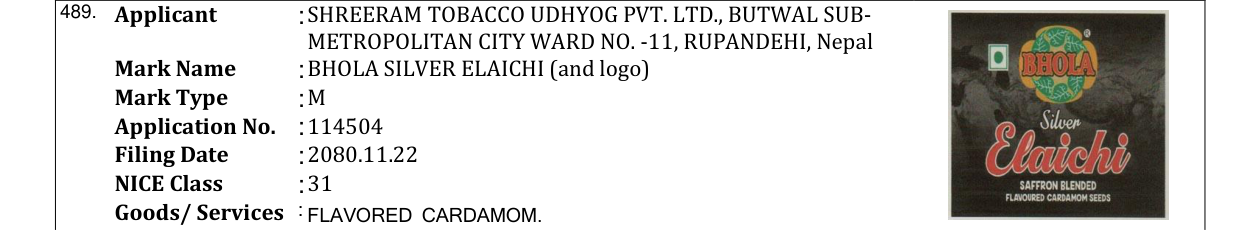 Original bulletin entry for BHOLA SILVER ELAICHI (and logo)