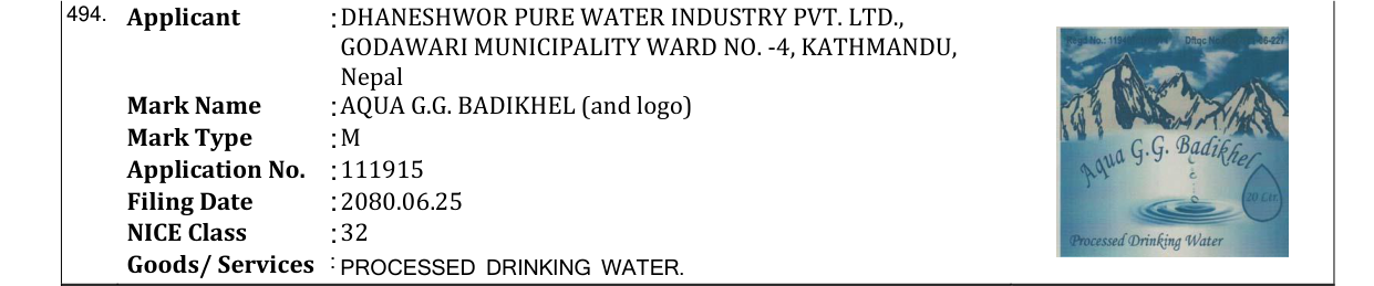 Original bulletin entry for AQUA G.G. BADIKHEL (and logo)