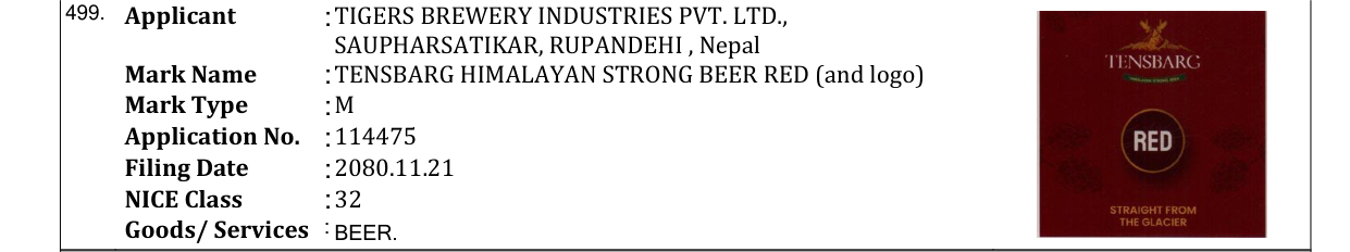 Original bulletin entry for TENSBARG HIMALAYAN STRONG BEER RED (and logo)