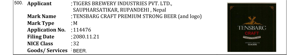 Original bulletin entry for TENSBARG CRAFT PREMIUM STRONG BEER (and logo)