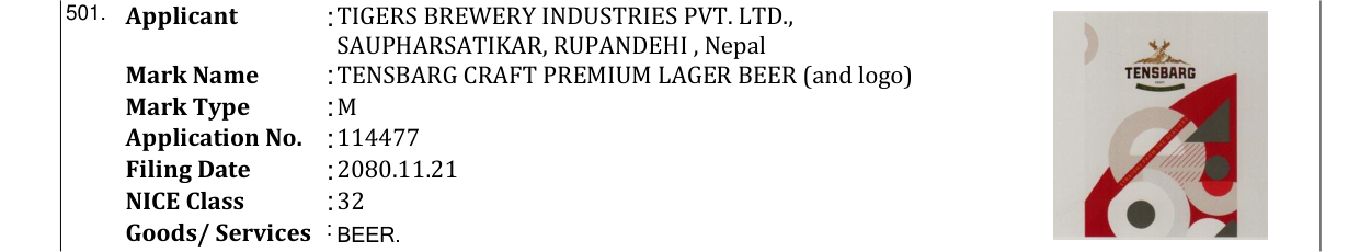 Original bulletin entry for TENSBARG CRAFT PREMIUM LAGER BEER (and logo)