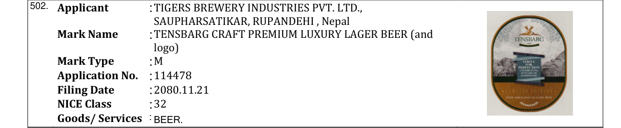 Original bulletin entry for TENSBARG CRAFT PREMIUM LUXURY LAGER BEER (and logo)