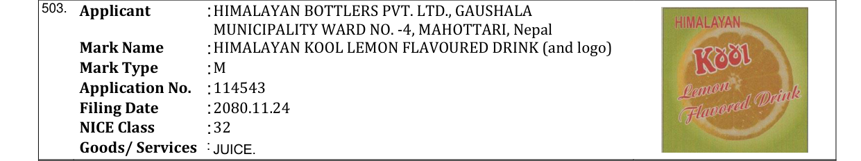 Original bulletin entry for HIMALAYAN KOOL LEMON FLAVOURED DRINK (and logo)