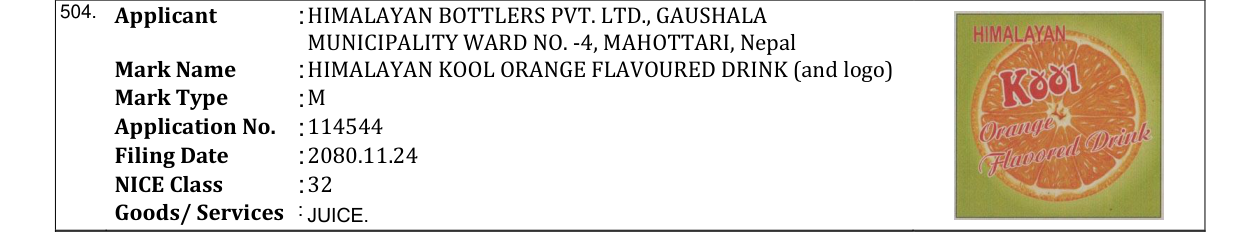 Original bulletin entry for HIMALAYAN KOOL ORANGE FLAVOURED DRINK (and logo)
