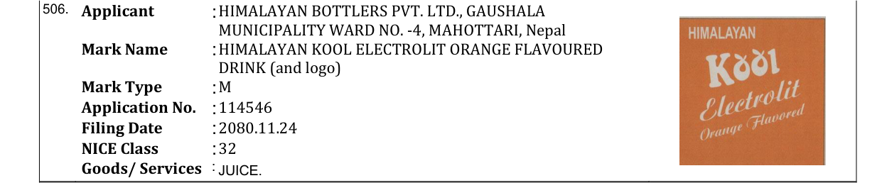Original bulletin entry for HIMALAYAN KOOL ELECTROLIT ORANGE FLAVOURED DRINK (and logo)