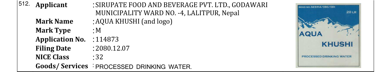 Original bulletin entry for AQUA KHUSHI (and logo)