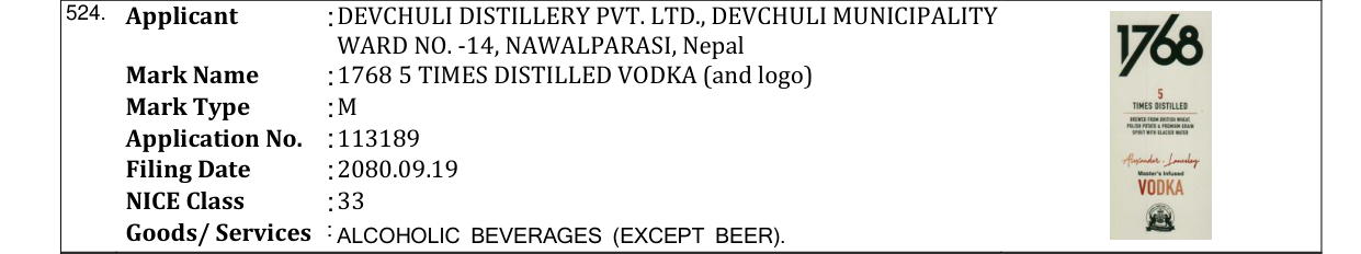 Original bulletin entry for 1768 5 TIMES DISTILLED VODKA (and logo)