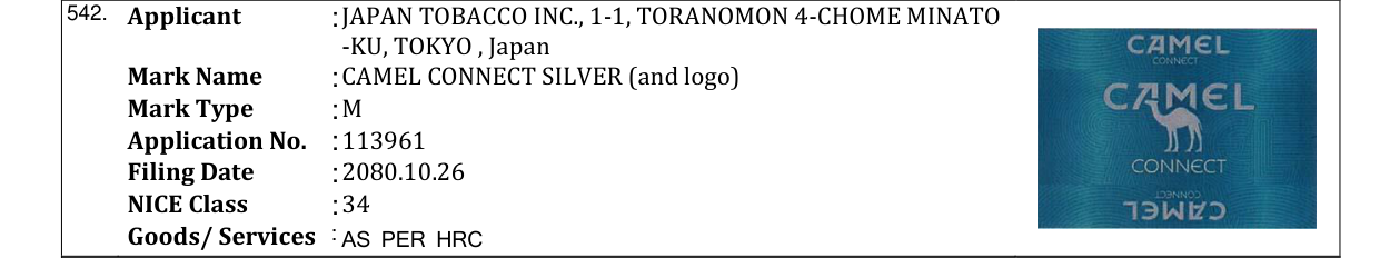 Original bulletin entry for CAMEL CONNECT SILVER (and logo)
