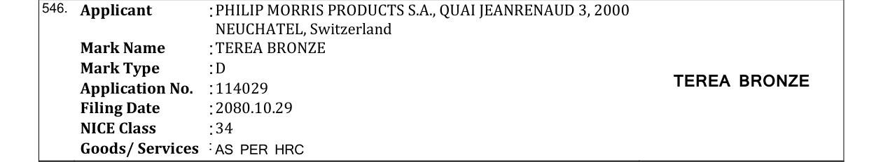 Original bulletin entry for TEREA BRONZE