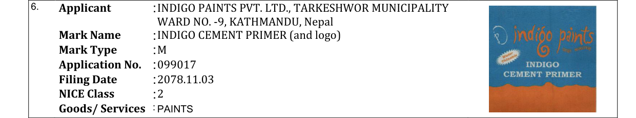 Original bulletin entry for INDIGO CEMENT PRIMER (and logo)