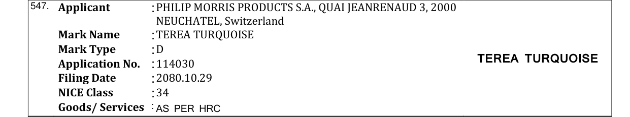 Original bulletin entry for TEREA TURQUOISE