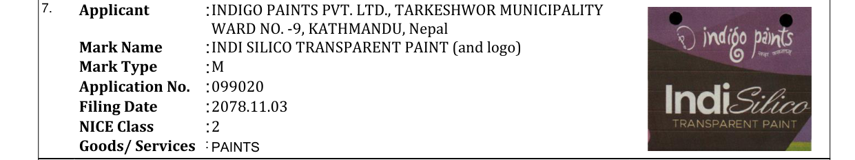 Original bulletin entry for INDI SILICO TRANSPARENT PAINT (and logo)