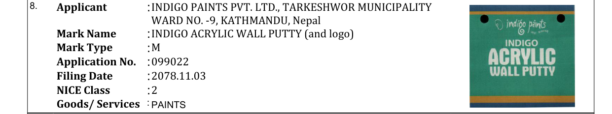 Original bulletin entry for INDIGO ACRYLIC WALL PUTTY (and logo)