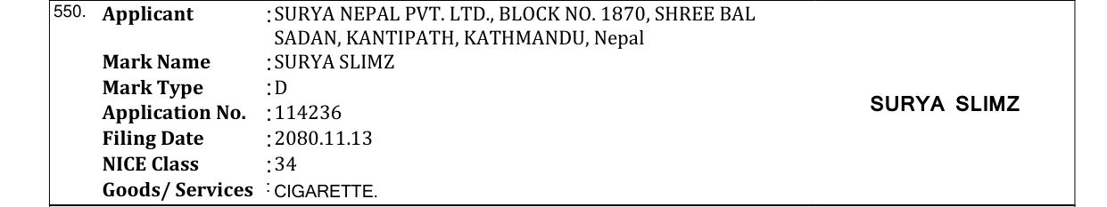 Original bulletin entry for SURYA SLIMZ