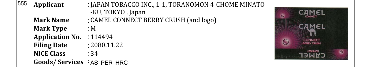 Original bulletin entry for CAMEL CONNECT BERRY CRUSH (and logo)