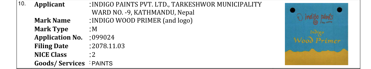Original bulletin entry for INDIGO WOOD PRIMER (and logo)