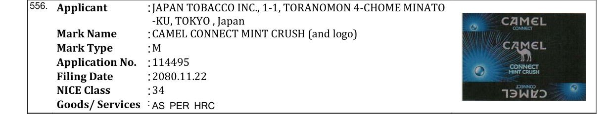 Original bulletin entry for CAMEL CONNECT MINT CRUSH (and logo)